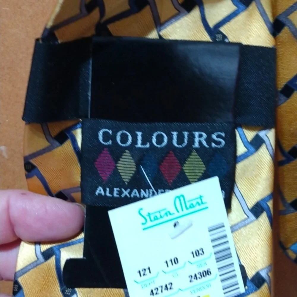 Alexander Julian Colours silk tie, blue yellow silver geometric pattern 3.75” eg